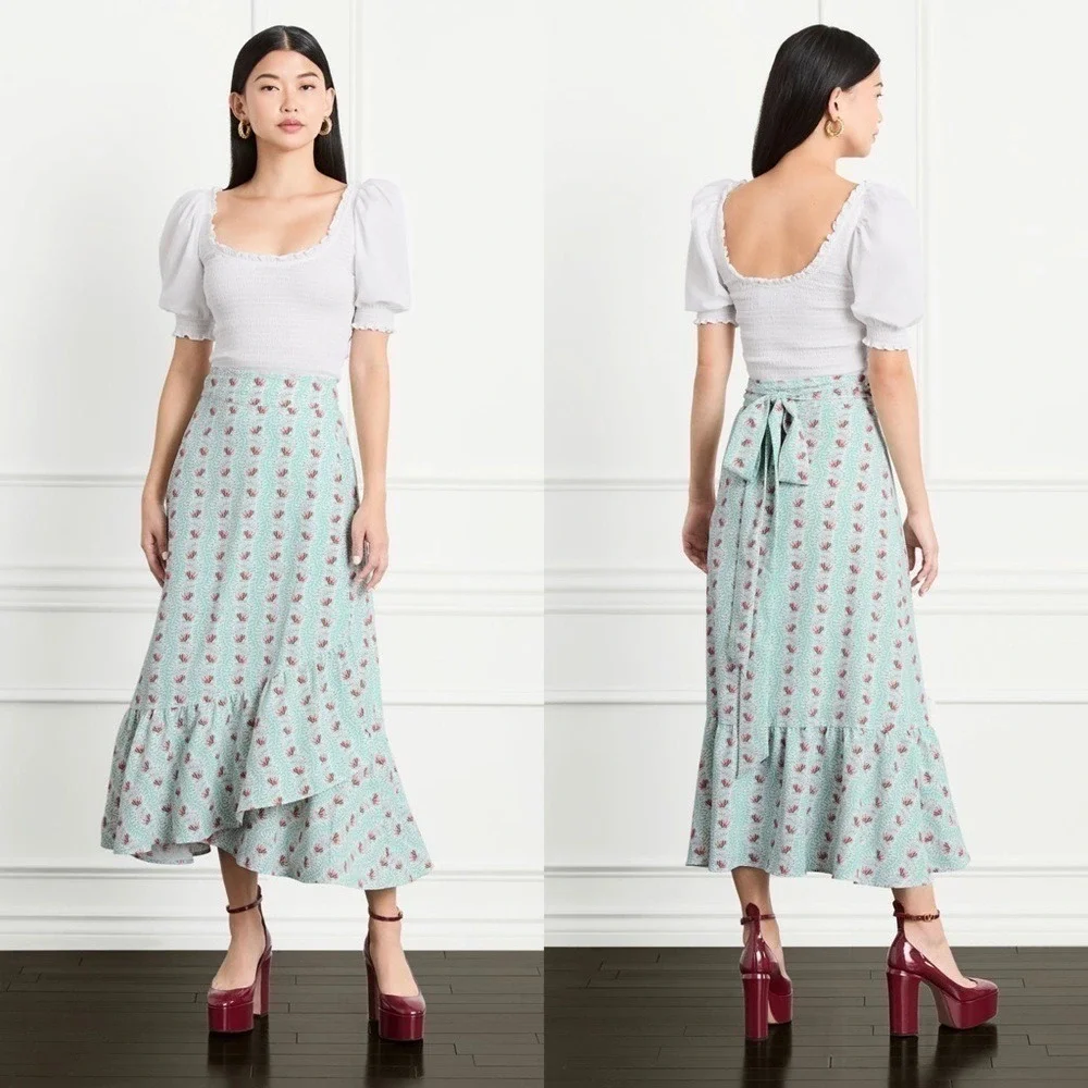 HILL HOUSE Puff Short Sleeve Ruffle Scoop Neck‎ Smocked Cropped Nap Top S